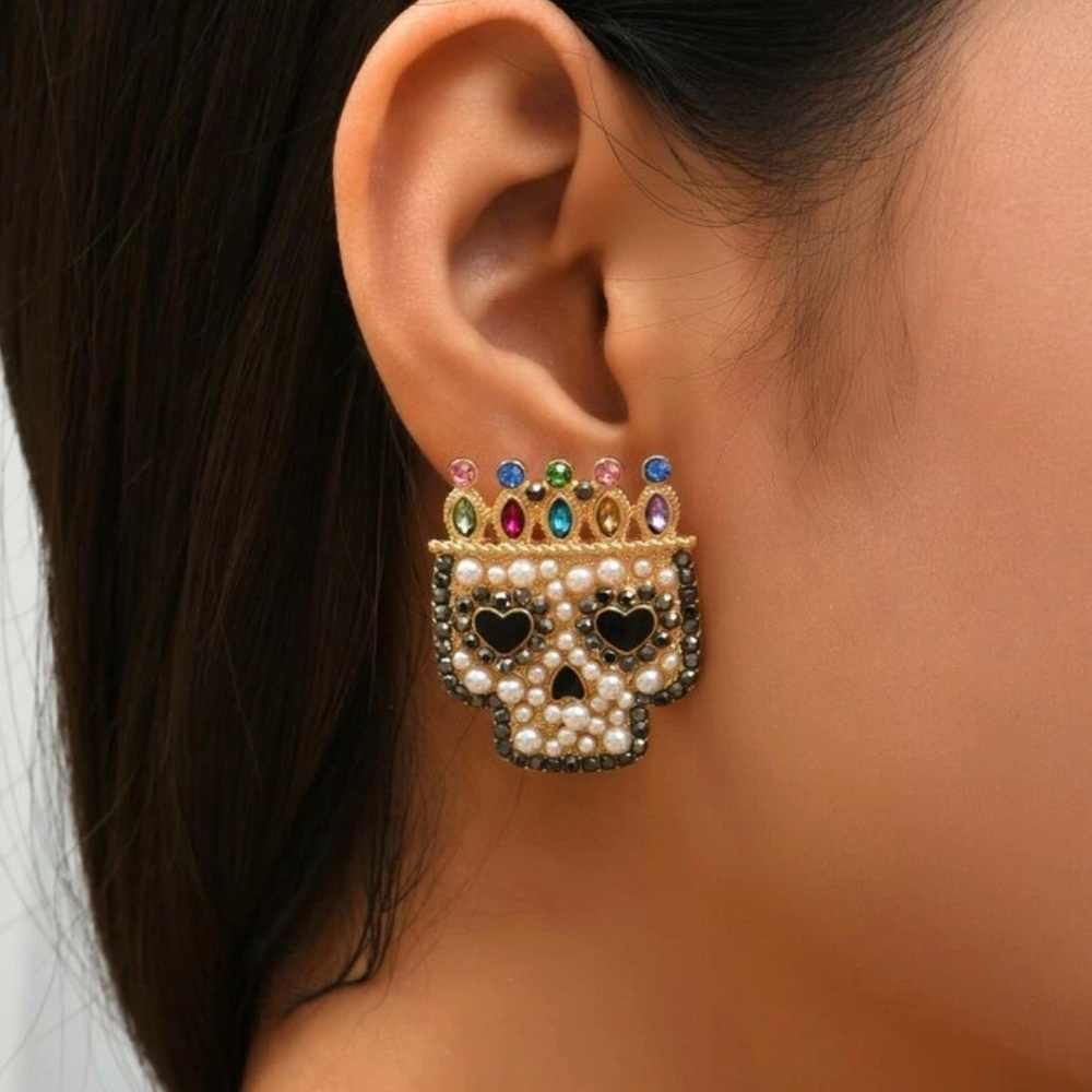 Bejeweled sugar skull earrings dia de los muertos - Picture 3 of 6
